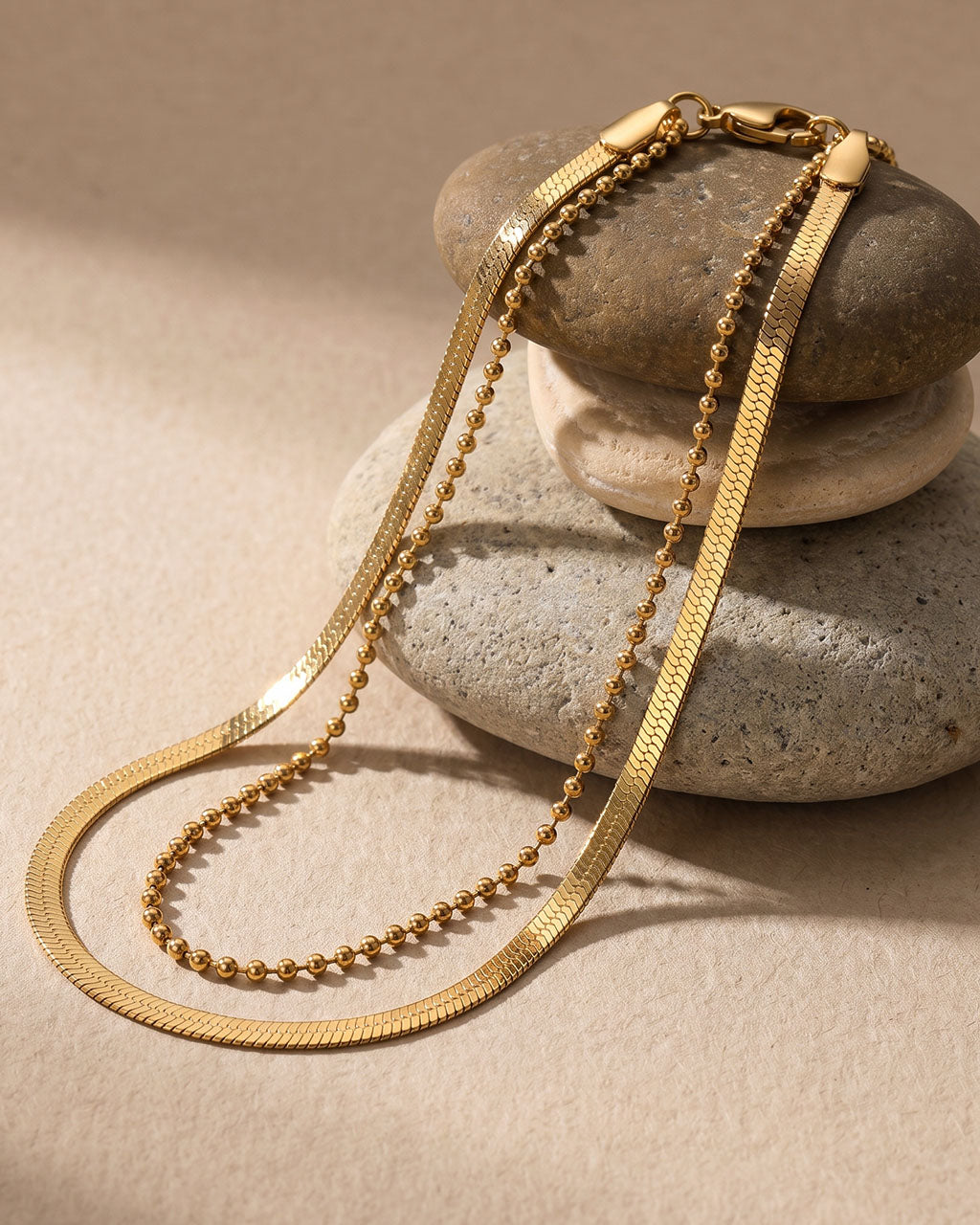 Beaded Herringbone Double Layered Waterproof Gold Anklet