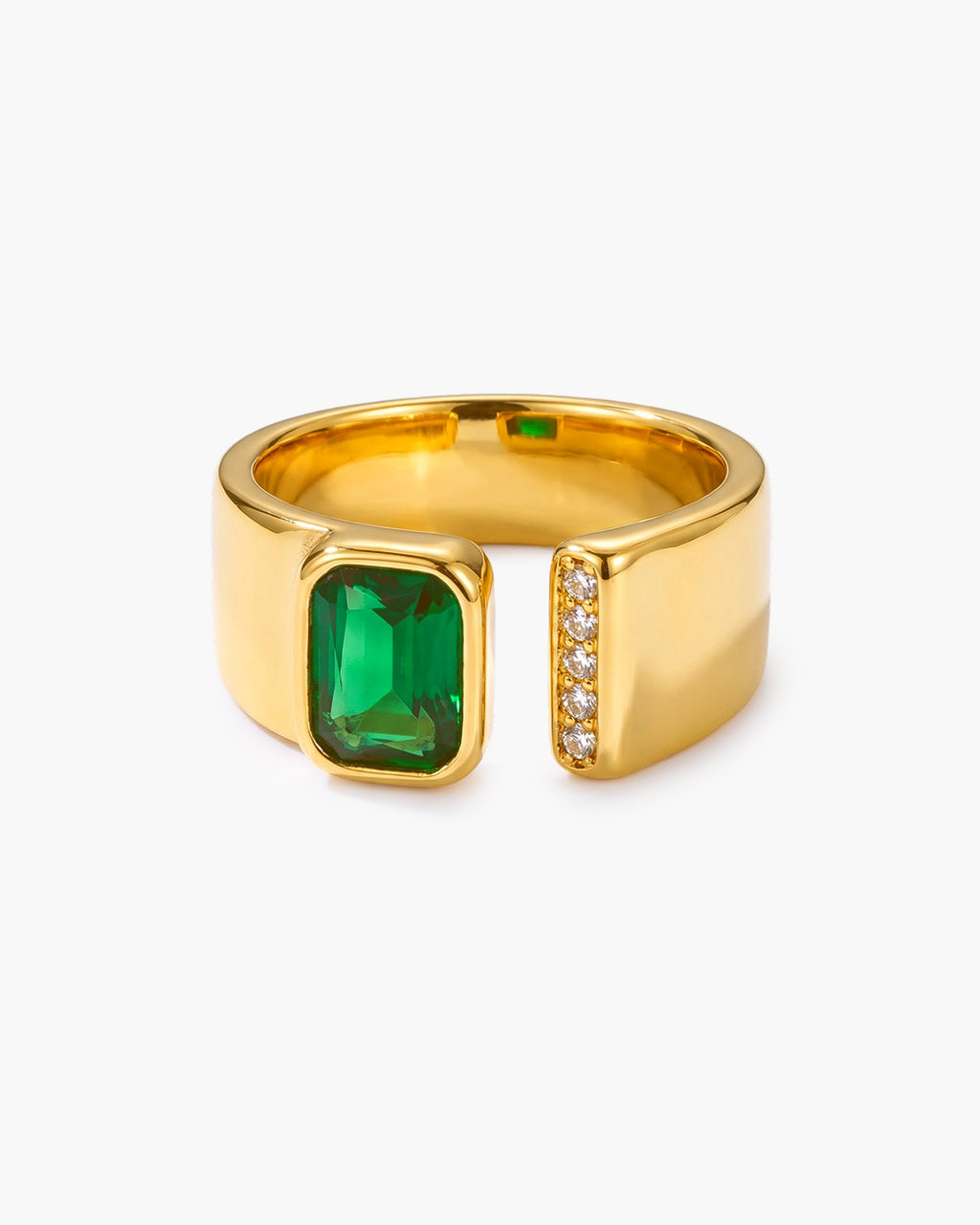 Bezel Emerald Green Stone Open Wide Waterproof Gold Ring