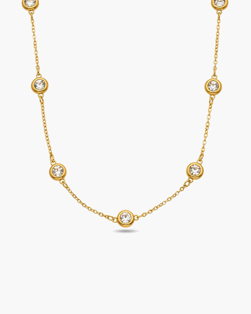 Bezel Set Sparkle Station Waterproof Gold Necklace