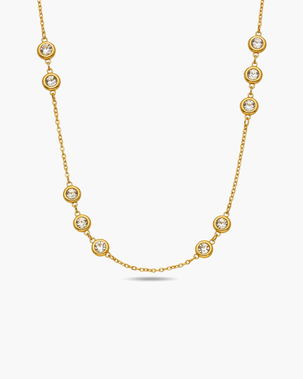Bezel Set Sparkle Station Waterproof Gold Necklace