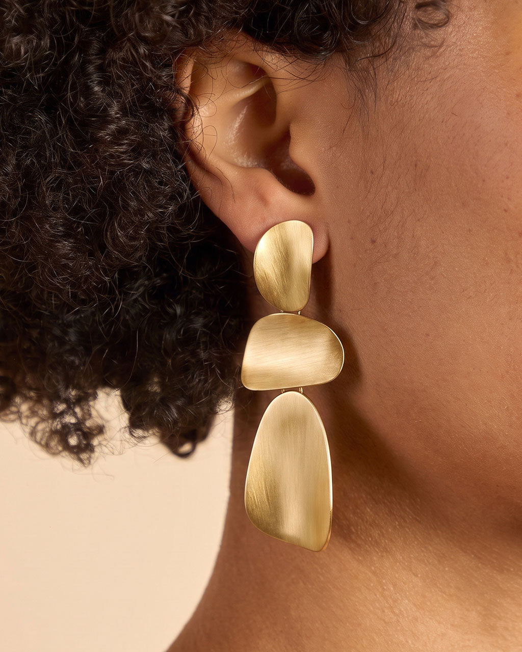 Sculptural Brushed Triple Pebble Waterproof Gold Earrings