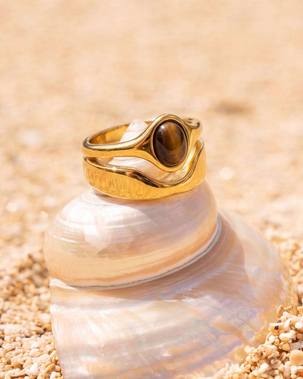 Cabochon Double Band Illusion Waterproof Gold Ring