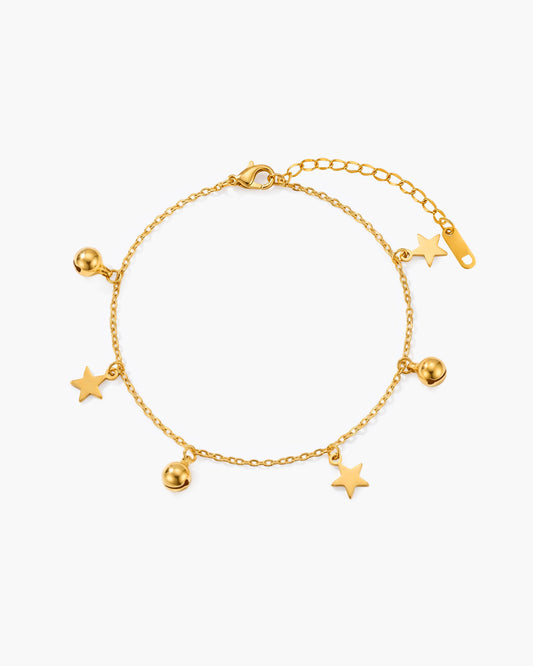 Cute Jingle Bell & Star Charm Waterproof Gold Anklet
