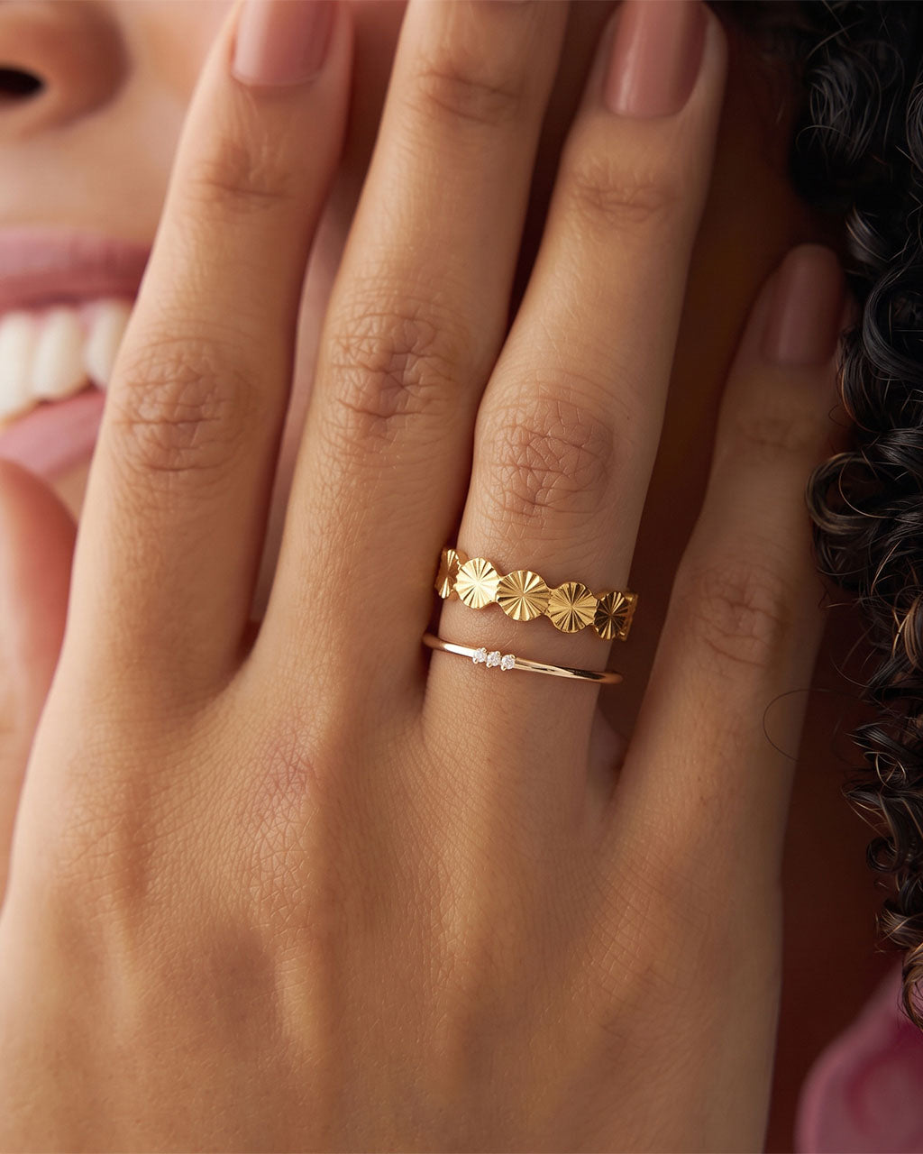 Diamond Cut Sunburst Disc Band Waterproof Gold Ring