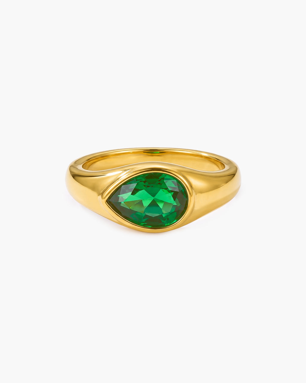 Emerald Green Stone Pear Solitaire Waterproof Gold Ring