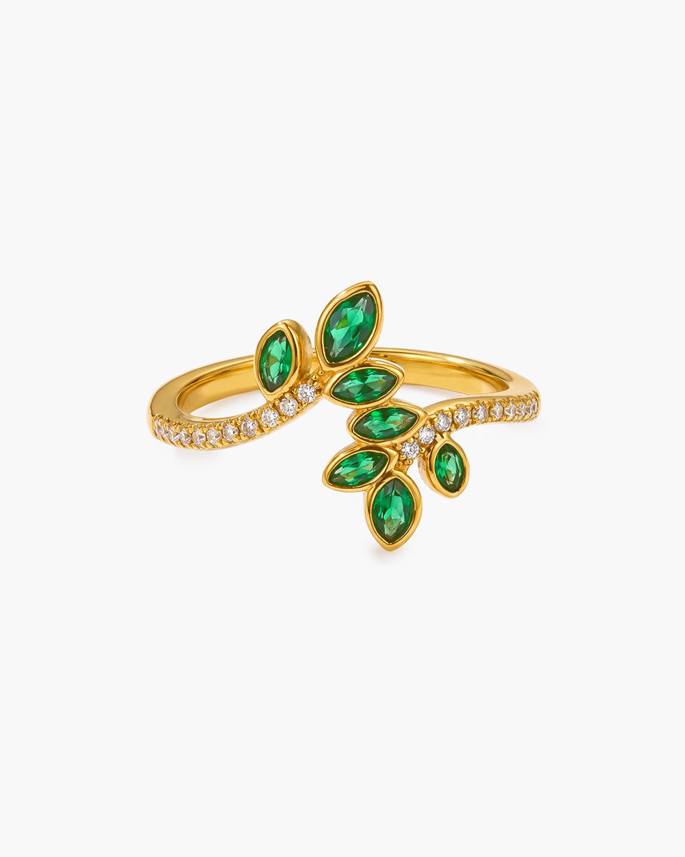 Emerald Green Stone Leaf Branch Wrap Waterproof Gold Ring