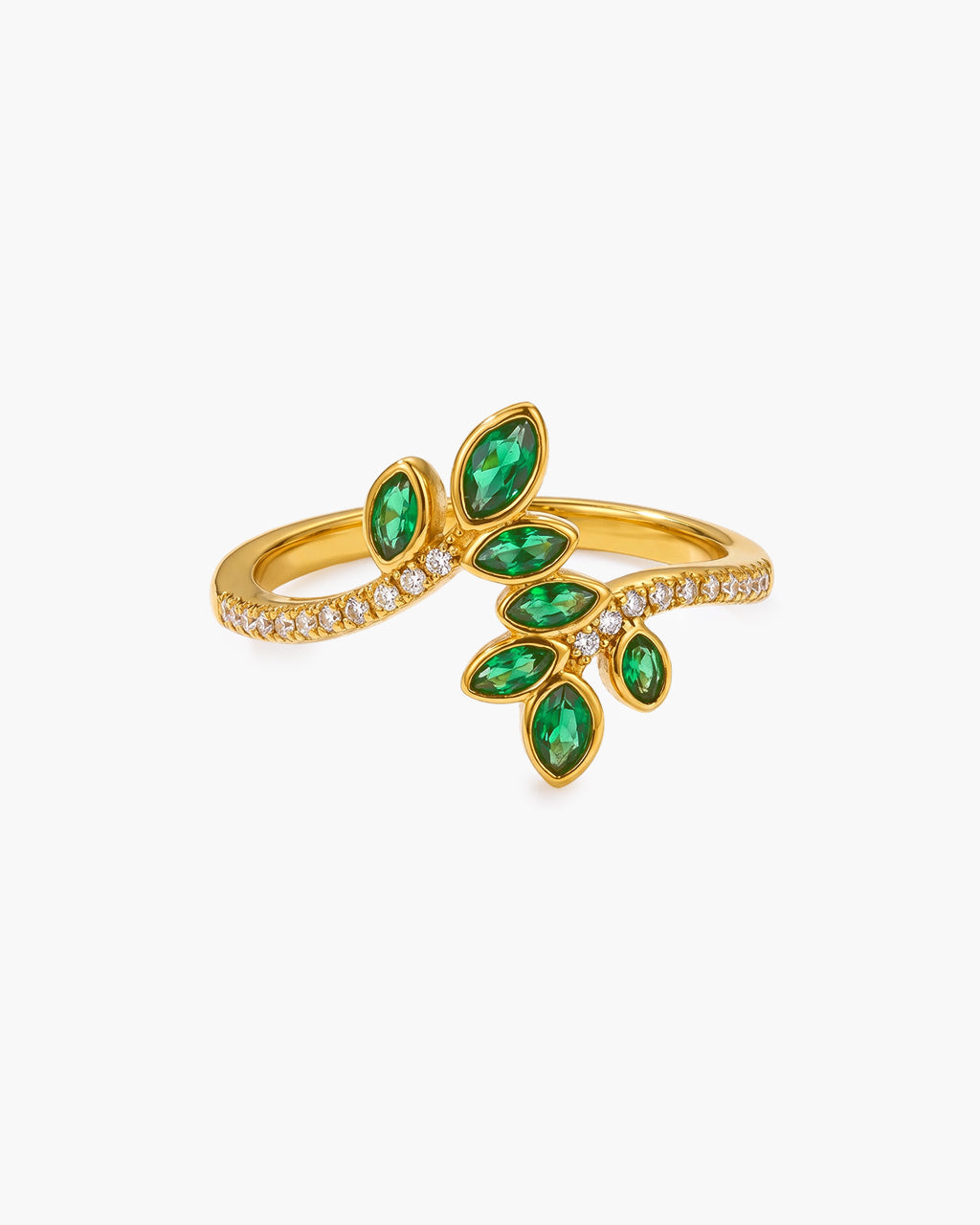 Emerald Green Stone Leaf Branch Wrap Waterproof Gold Ring