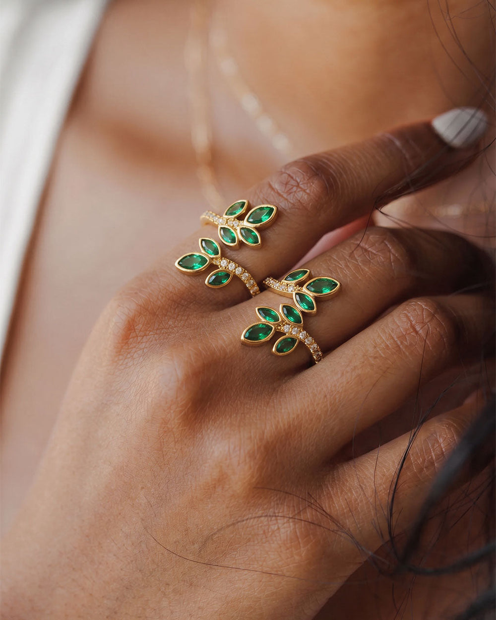 Emerald Green Stone Leaf Branch Wrap Waterproof Gold Ring