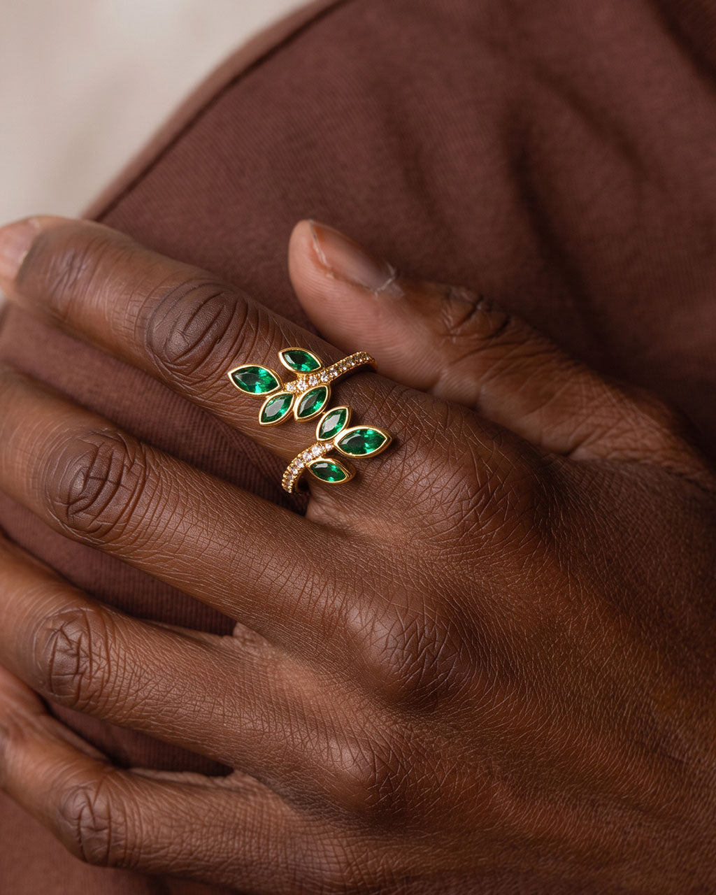 Emerald Green Stone Leaf Branch Wrap Waterproof Gold Ring