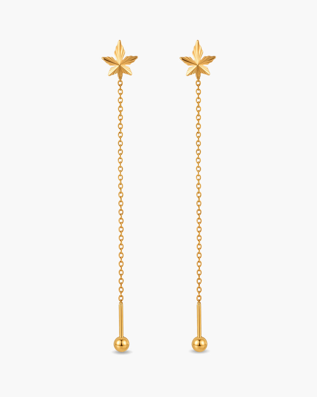 Etched Maple Leaf Threader Waterproof Gold Earrings