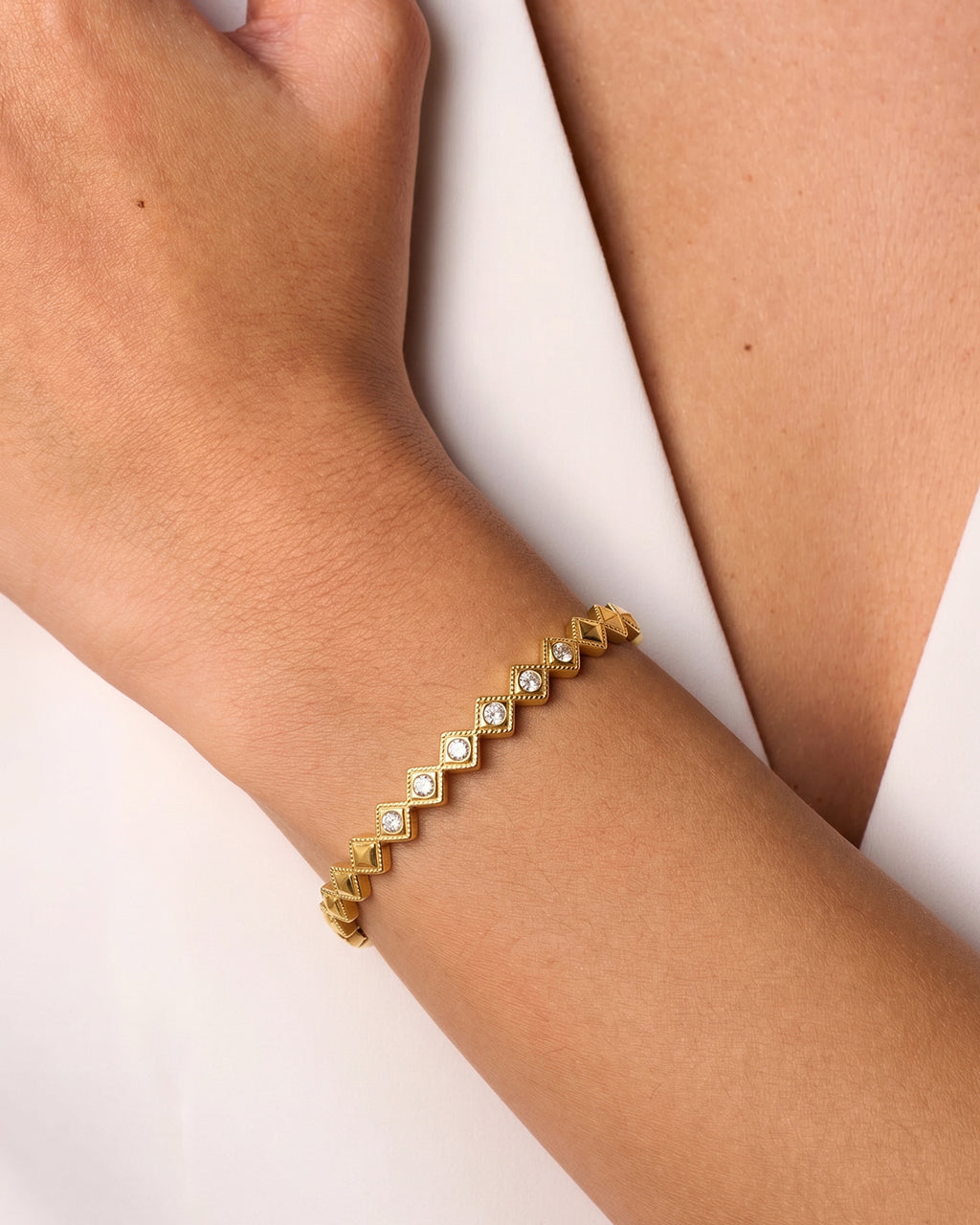 Geometric Simulated Diamond Waterproof Gold Bangle