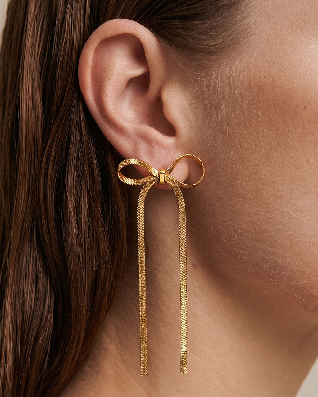 Herringbone Bow Ribbon Stud Waterproof Gold Earrings