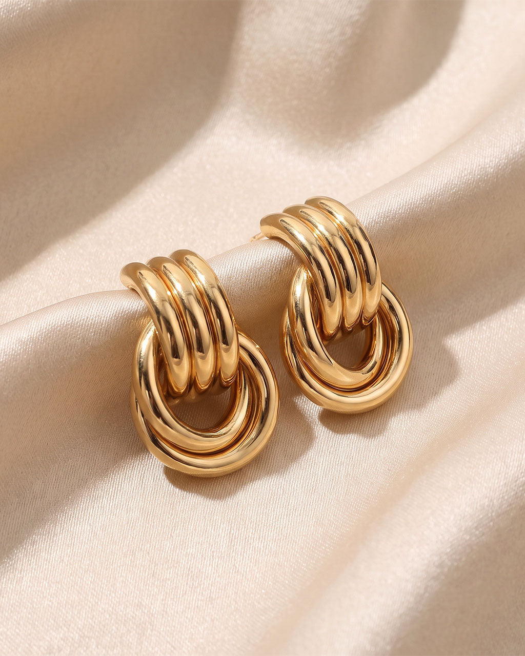 Layered Ribbed Illusion Knot Waterproof Gold Earrings