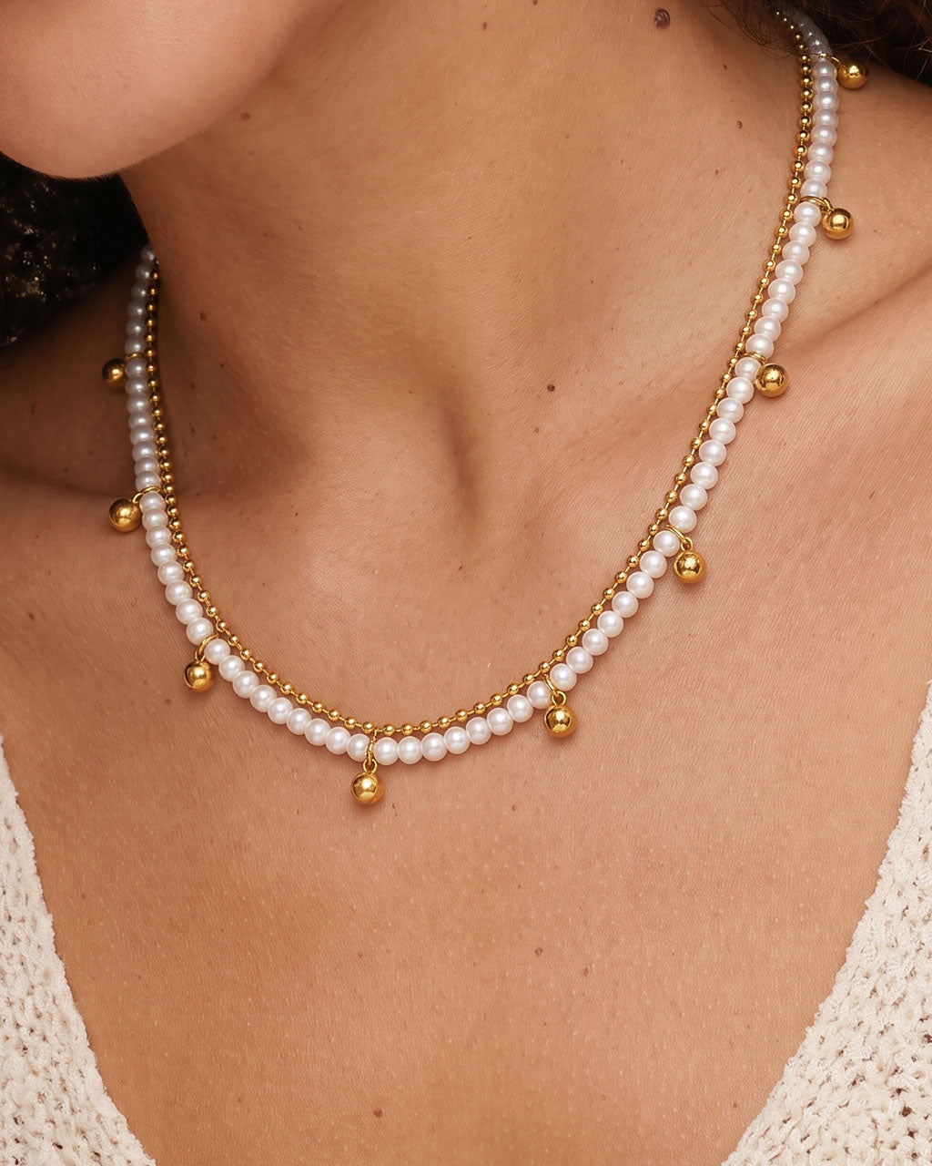 Luxe Pearl Beaded Layered Waterproof Gold Necklace