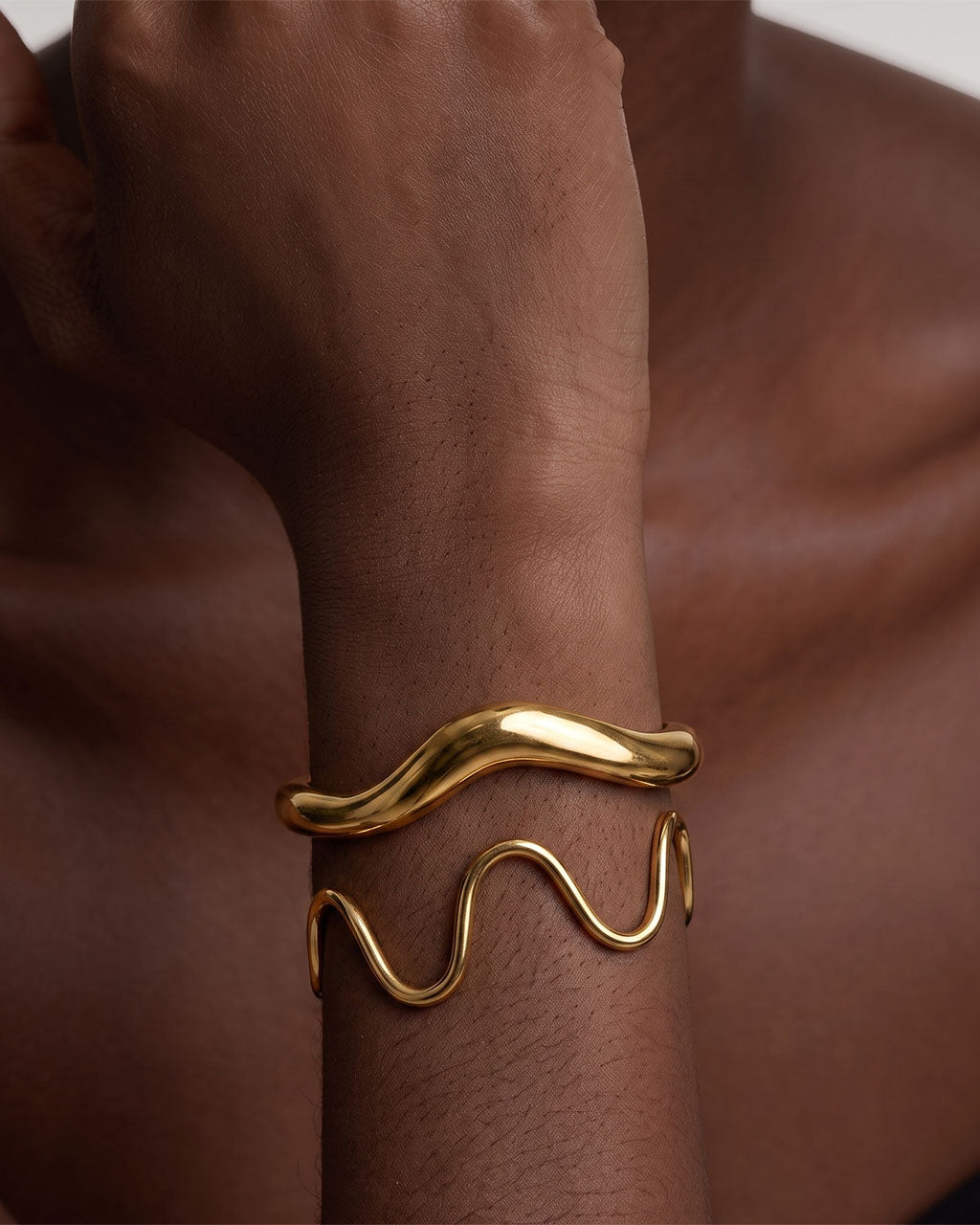 Minimalist Chunky Wave Cuff Waterproof Gold Bangle