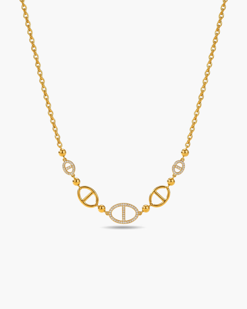 Mixed Pavé Mariner Link Waterproof Gold Necklace
