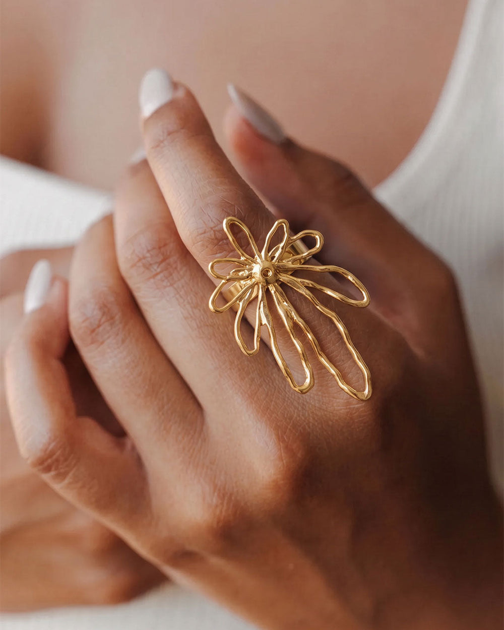 Open Flower Statement Adjustable Waterproof Gold Ring
