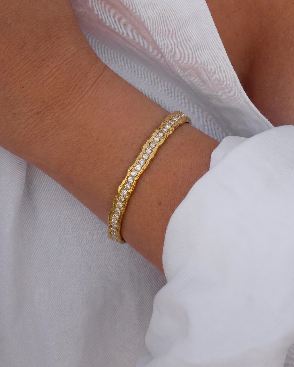 Organic Simulated Diamond Cuff Waterproof Gold Bangle