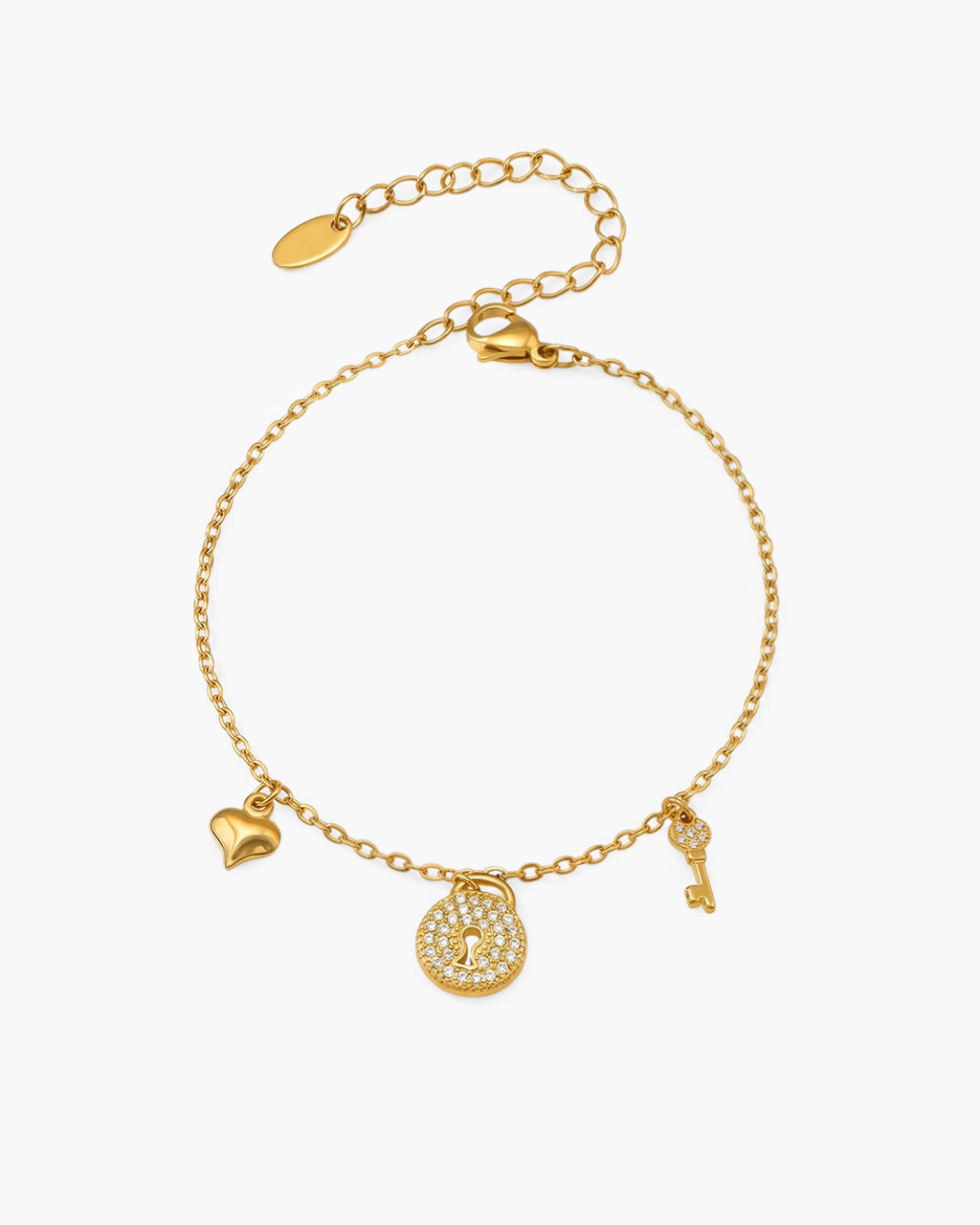 Pavé Lock & Key Heart Charm Waterproof Gold Bracelet