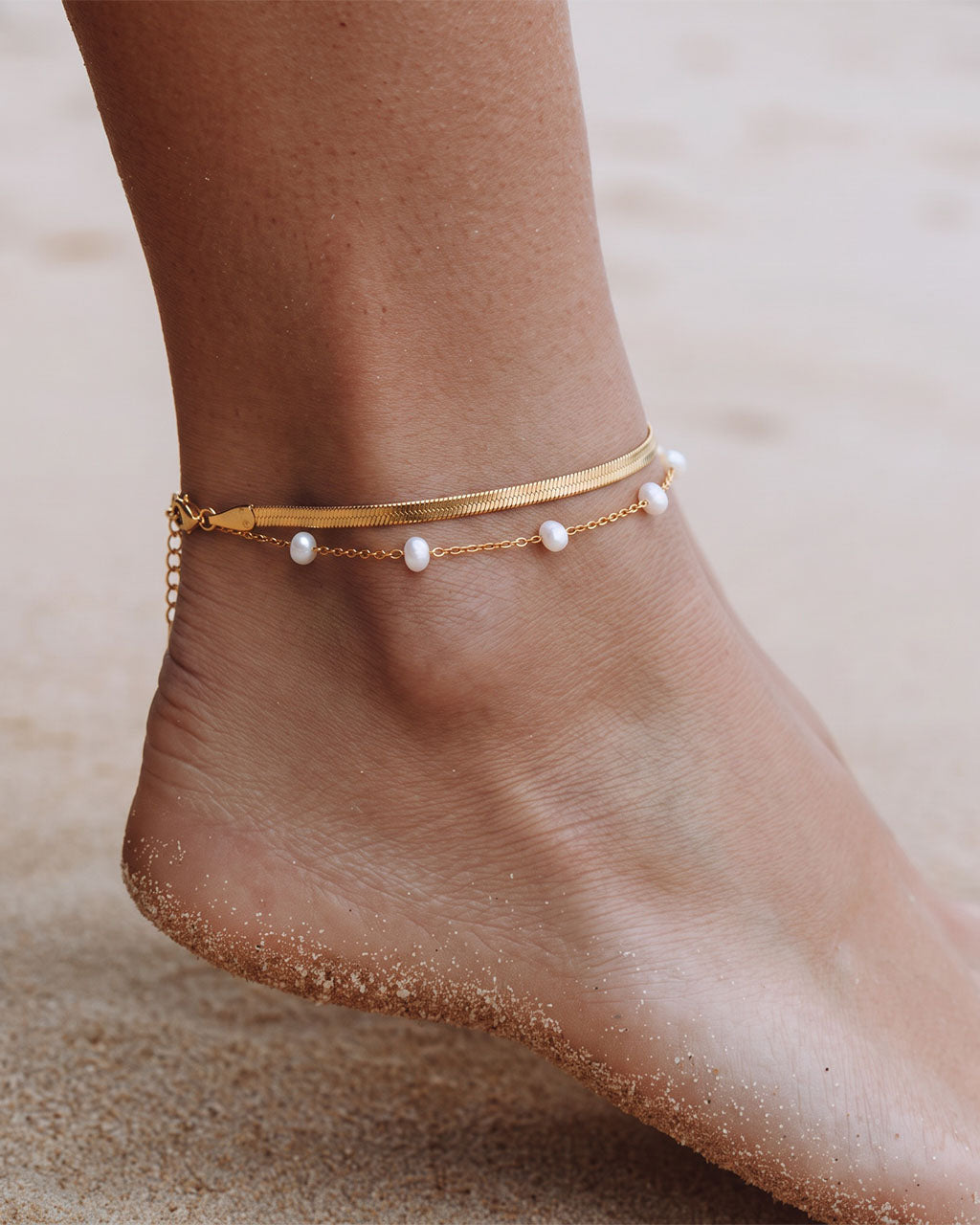Pearl Herringbone Double Layered Waterproof Gold Anklet
