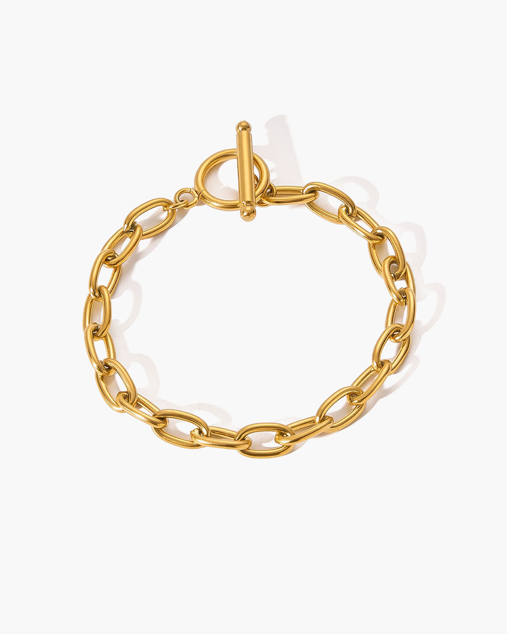Polished Oval Link T Bar Waterproof Gold Bracelet