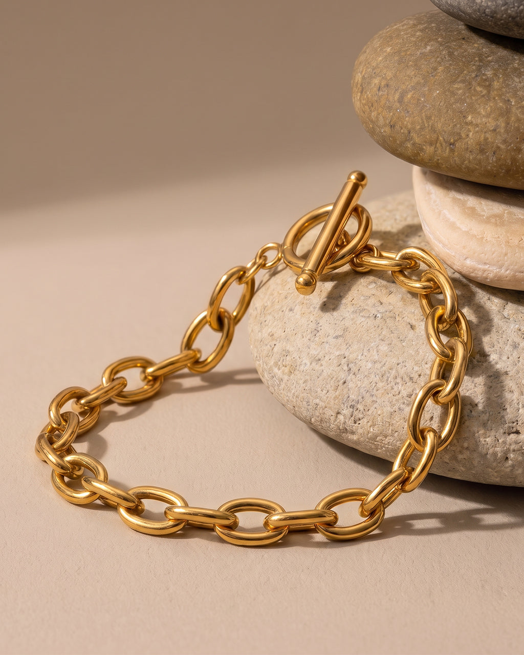 Polished Oval Link T Bar Waterproof Gold Bracelet