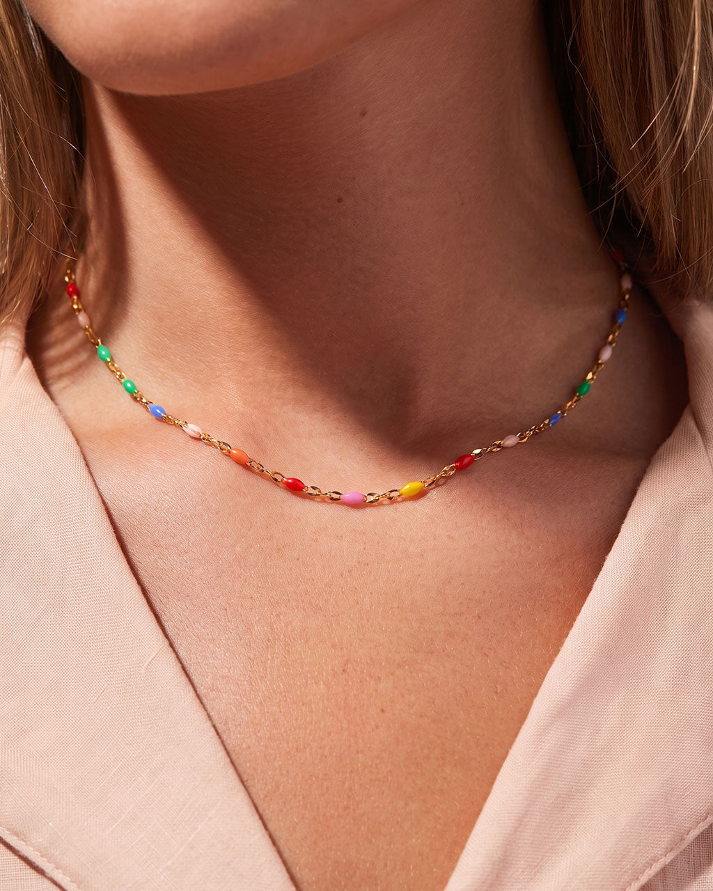 Rainbow Petal Link Choker Waterproof Gold Necklace