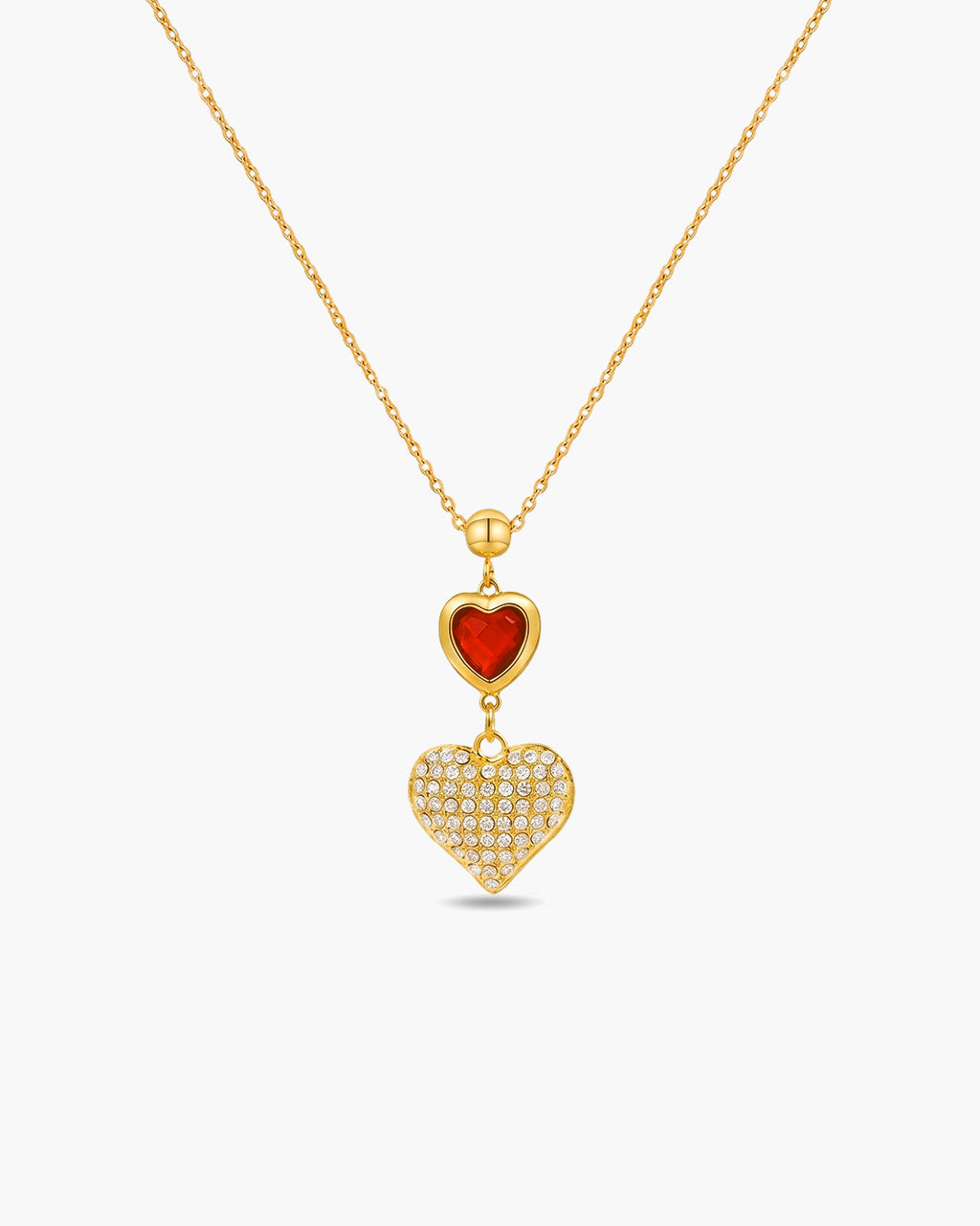 Red Gem Double Heart Waterproof Gold Necklace