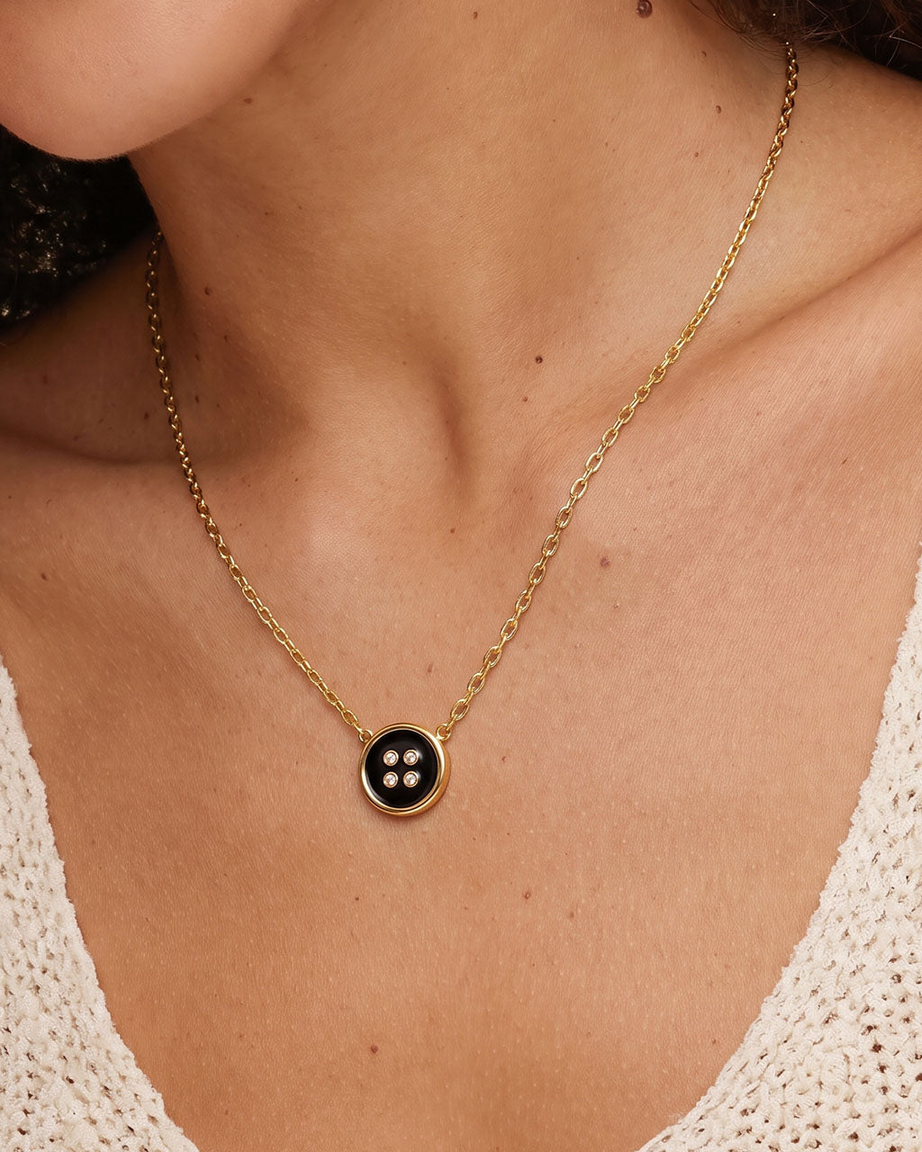 Sparkly Stone Black Enamel Button Waterproof Gold Necklace
