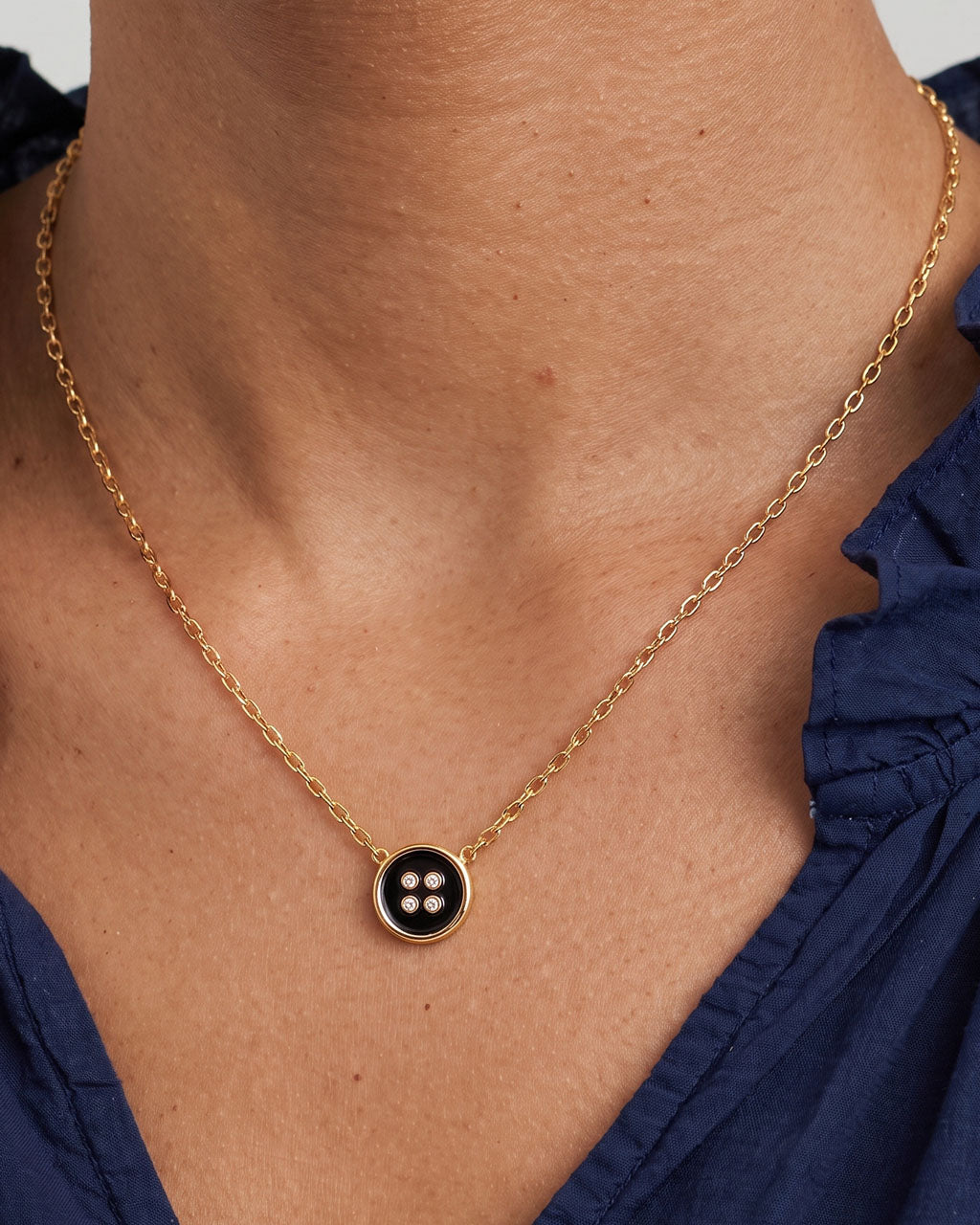 Sparkly Stone Black Enamel Button Waterproof Gold Necklace