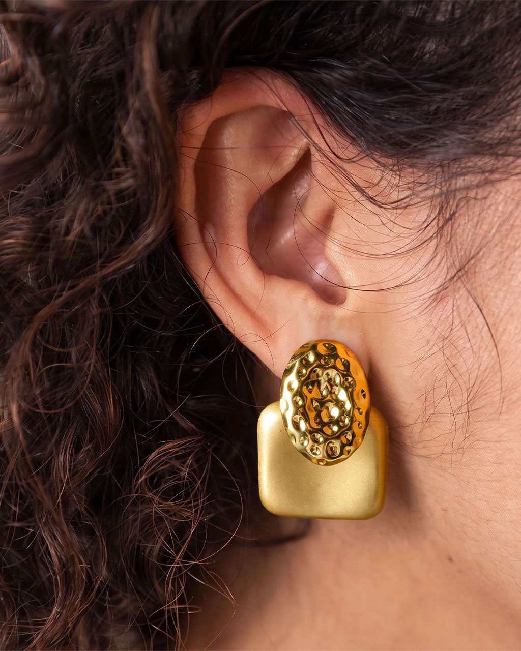Statement Oval Brushed Stud Waterproof Gold Earrings