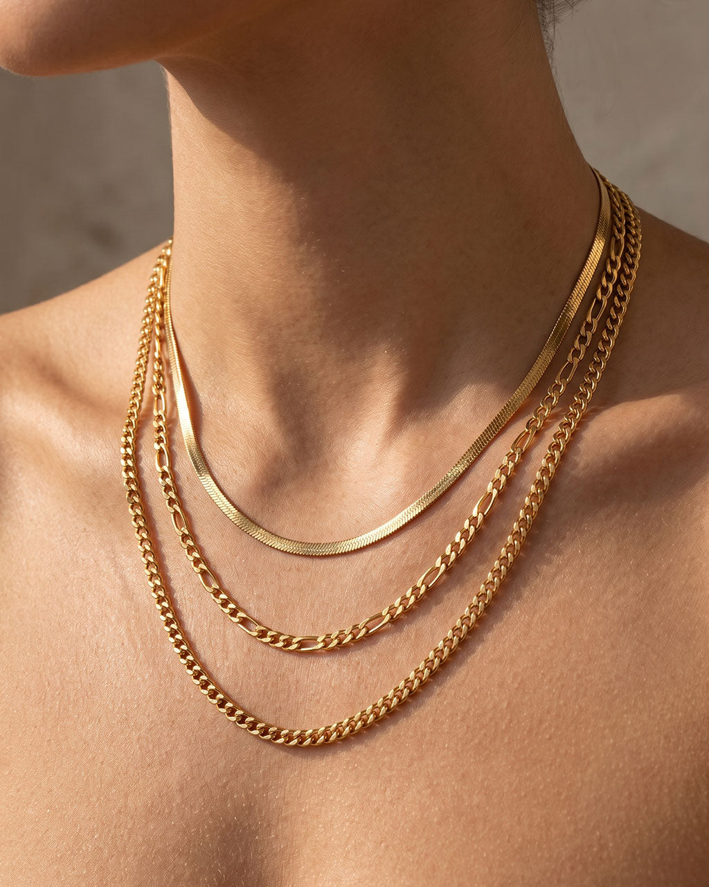 Triple Layer Herringbone Waterproof Gold Necklace