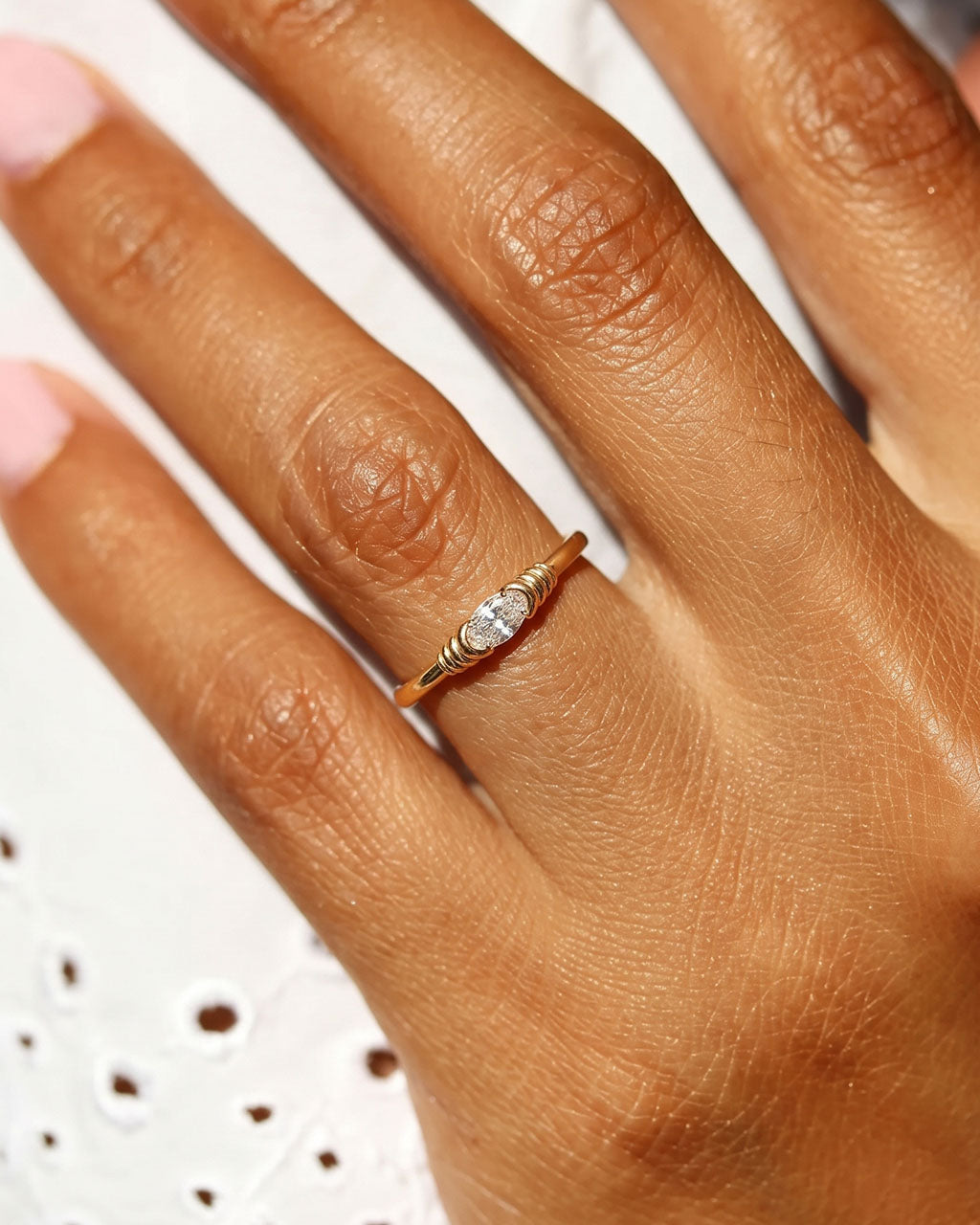 Vintage Oval Cut Stone Ribbed Waterproof Gold Ring